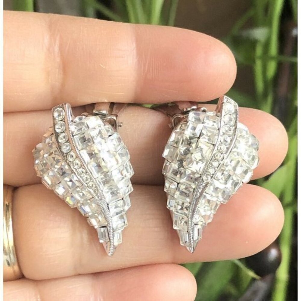 925 Sterling Silver Rhinestone Clip On Earrings Leaf Design